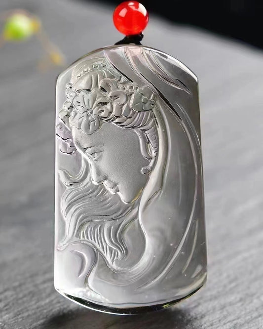 A1932 Beautiful Crystal Low Relief Beautiful Woman Pendant w Hand Woven Neckalce
