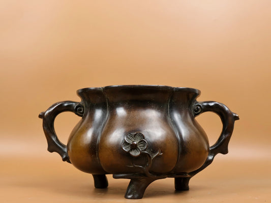 A1935 Vintage Chinese Copper Plum Flower Double Ear Incense Burner