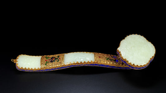 A1938 Exquisite Chinese Gold Wires Enamel Inlay Hetian Jade Ruyi Scepter Statue