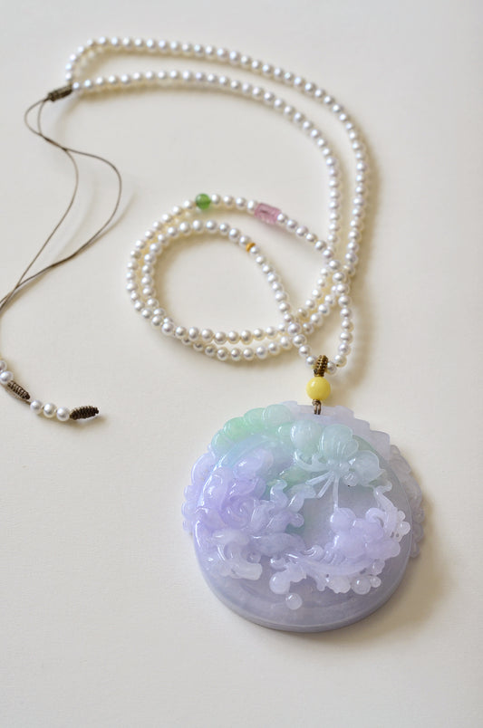A1939 Exquisite Purple Jadeite Carved Butterfly & Flowers Pendant w Hand Woven Pearl Beads Necklace