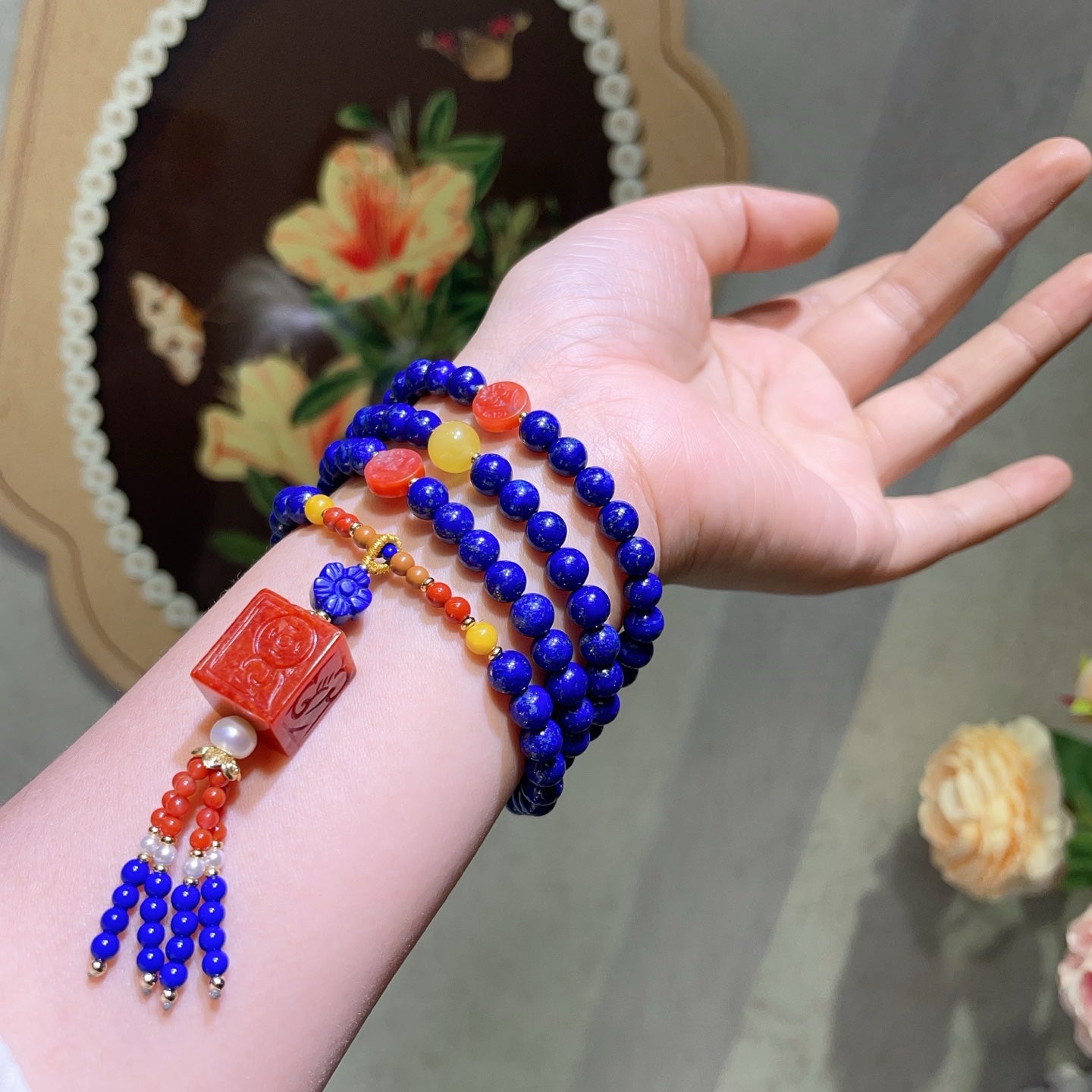 A1940 Hand Woven 108Beads Lapis Lazuli & Nanhong Agate & Beeswax Beads Necklace