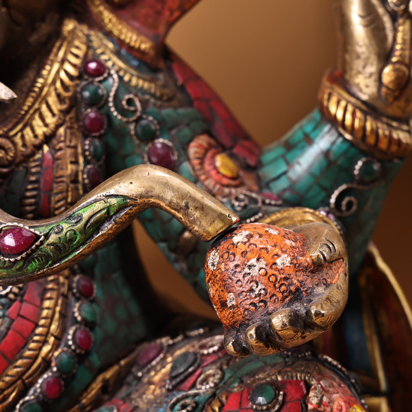A1945 Tibetan Buddhism Gilt Gold Copper Inlay Turquoise & Gems Ganesha Buddha Statue