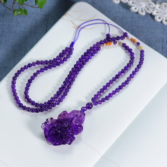 A1946 Beautiful Amethyst Carved Fortune Cabbage Pendant w Hand Woven Beads Necklace