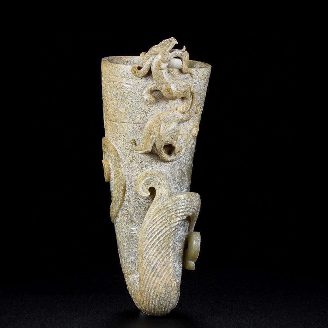 A1950 Vintage Chinese Hetian Jade High Relief Chi Dragon Wine Cup