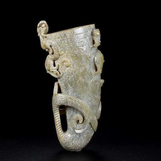 A1950 Vintage Chinese Hetian Jade High Relief Chi Dragon Wine Cup