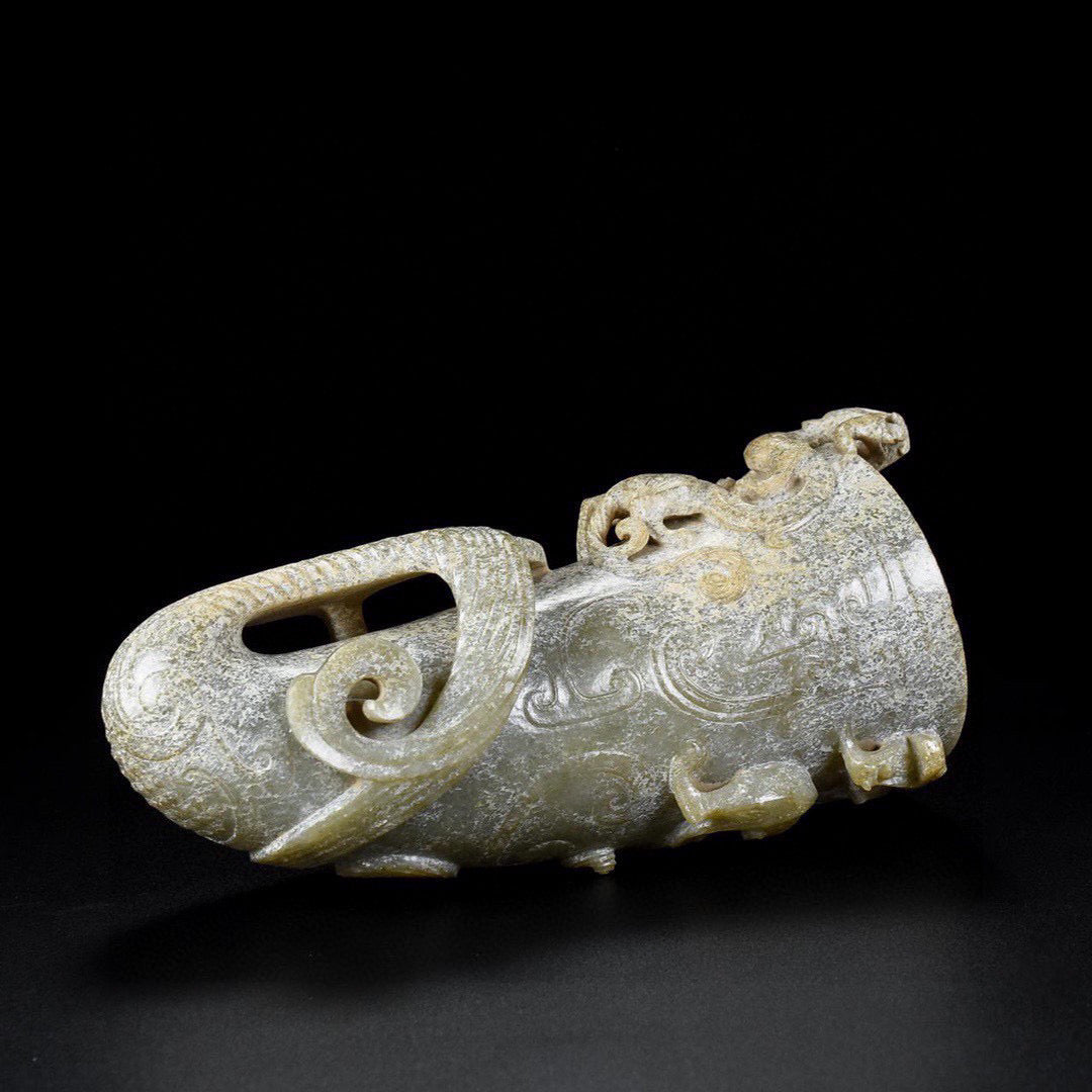 A1950 Vintage Chinese Hetian Jade High Relief Chi Dragon Wine Cup