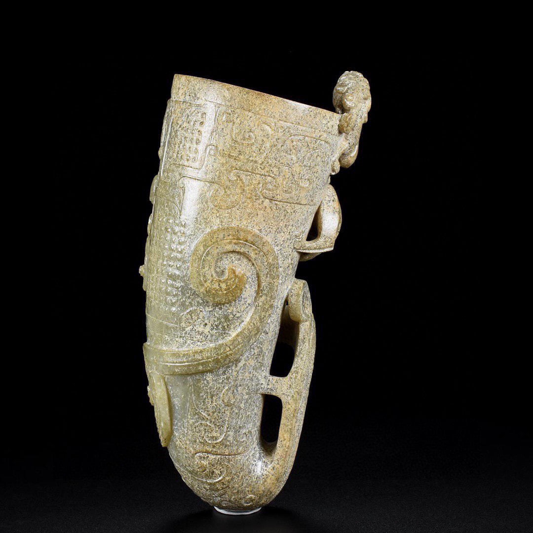 A1950 Vintage Chinese Hetian Jade High Relief Chi Dragon Wine Cup