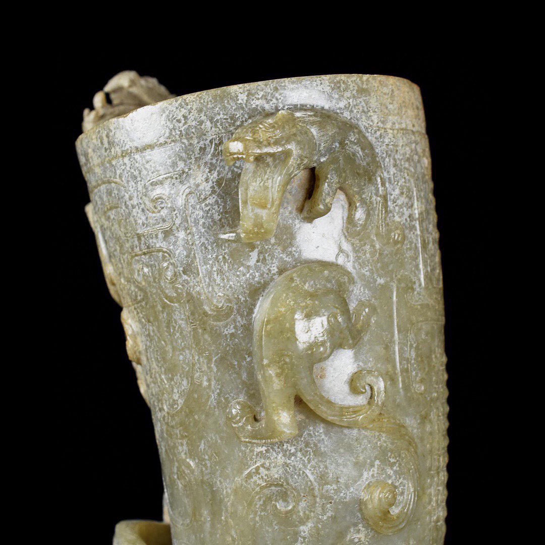 A1950 Vintage Chinese Hetian Jade High Relief Chi Dragon Wine Cup