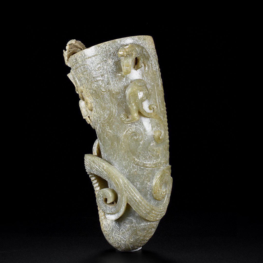 A1950 Vintage Chinese Hetian Jade High Relief Chi Dragon Wine Cup