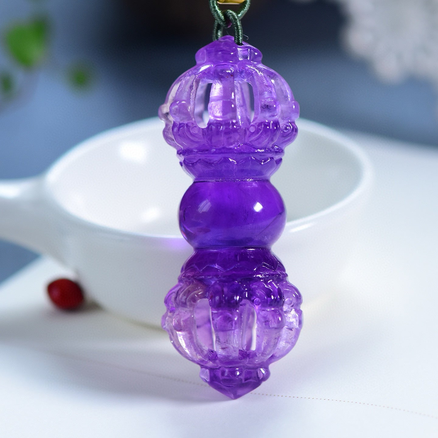 A1958 Exquisite Amethyst Carved Pestle Xiangmo Pendant w Hand Woven Necklace