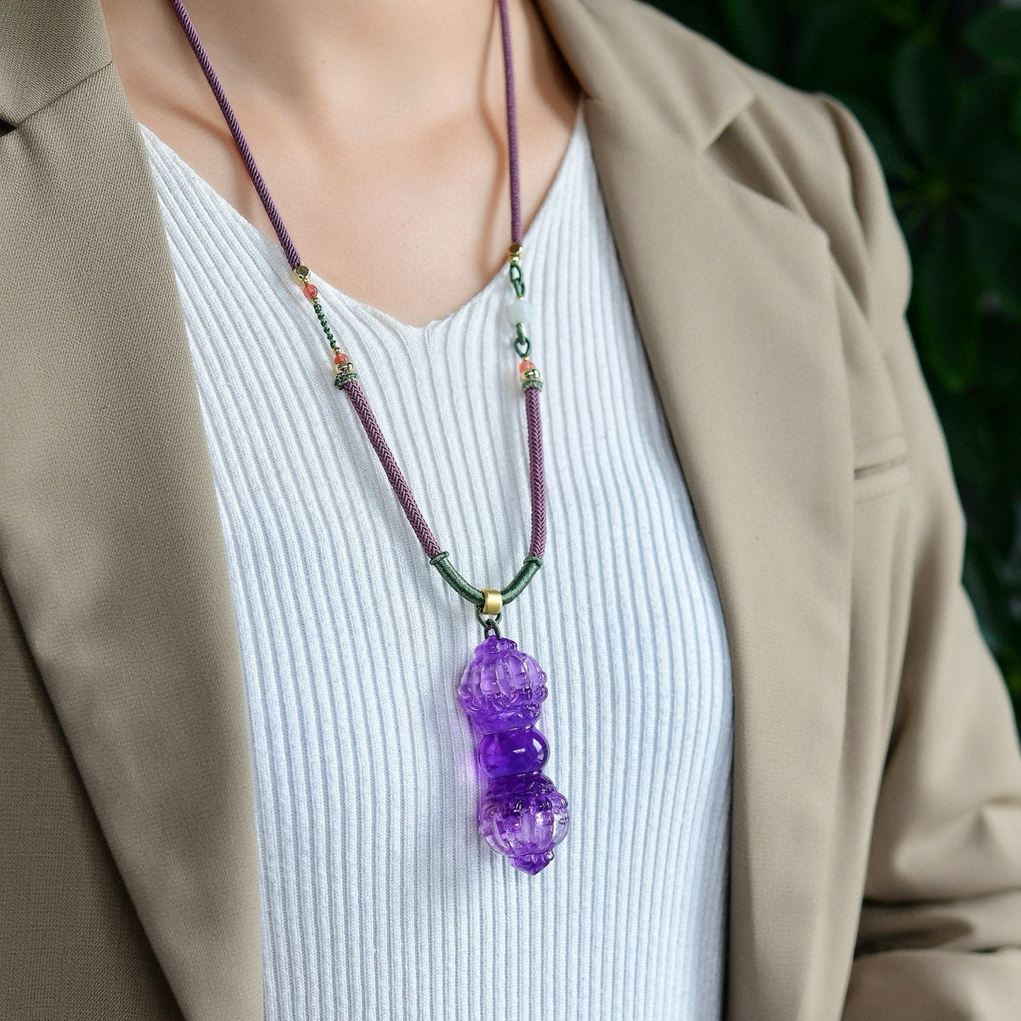 A1958 Exquisite Amethyst Carved Pestle Xiangmo Pendant w Hand Woven Necklace