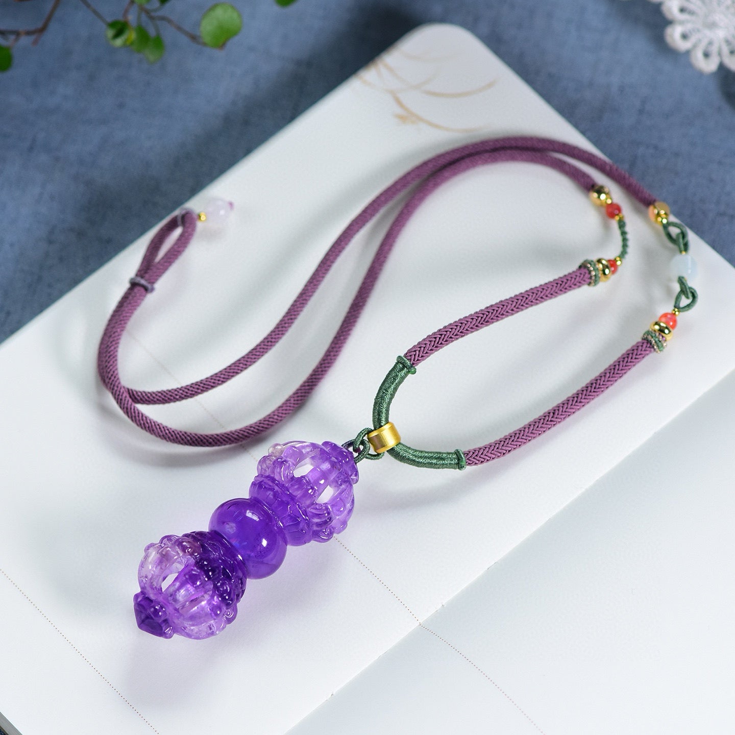 A1958 Exquisite Amethyst Carved Pestle Xiangmo Pendant w Hand Woven Necklace