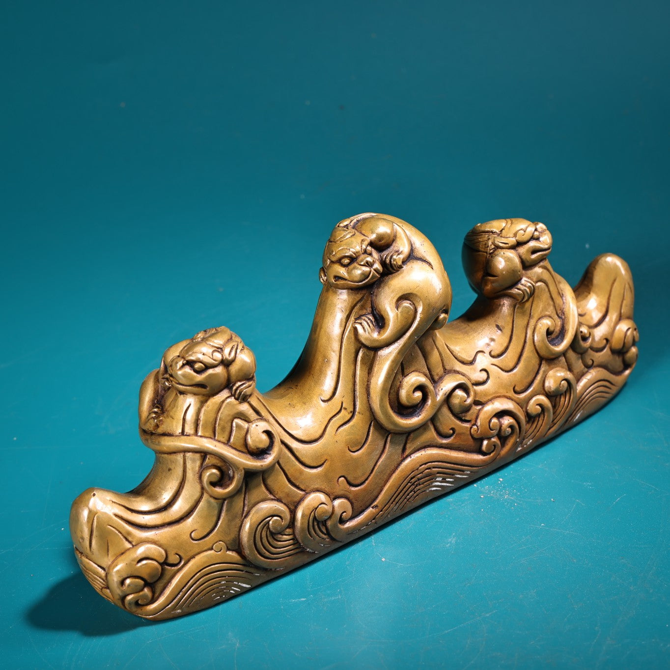 A1960 Vintage Chinese Brass Chi Dragon Brush Pen Shelf