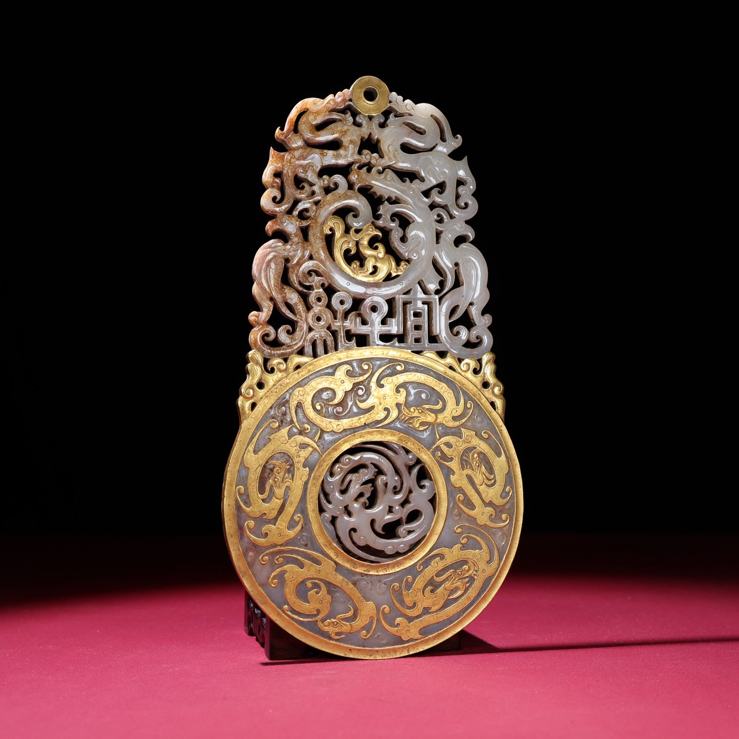 A2083 Superb Old Chinese Gilt Gold Hetian Jade Dragon Phoenix Jade Bi