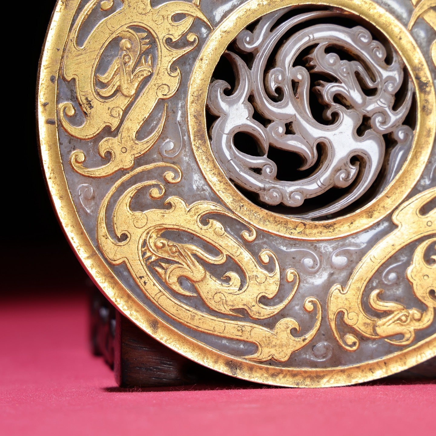 A2083 Superb Old Chinese Gilt Gold Hetian Jade Dragon Phoenix Jade Bi