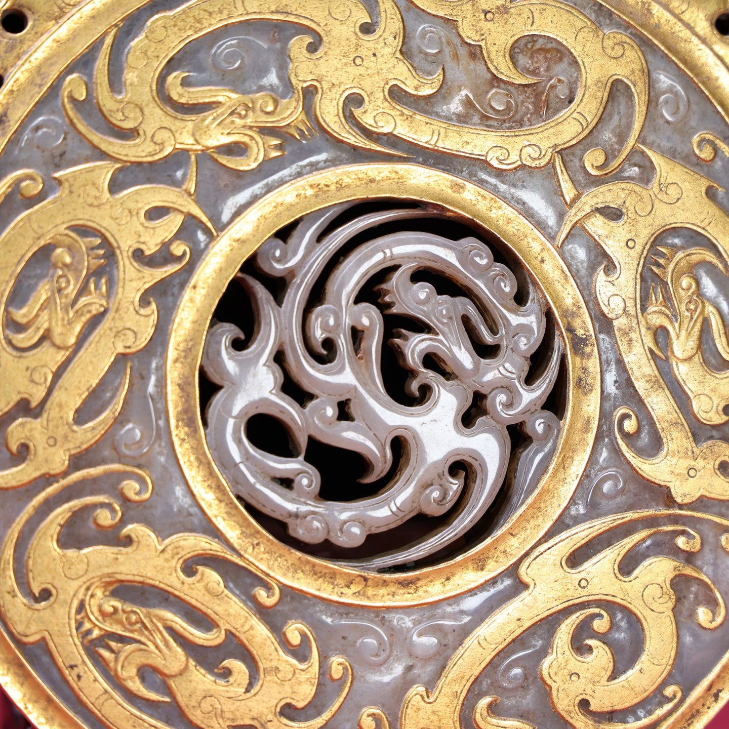 A2083 Superb Old Chinese Gilt Gold Hetian Jade Dragon Phoenix Jade Bi