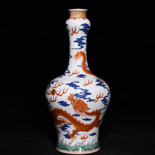 A2084 Chinese Gilt Edge Iron Red Glaze + Blue And White Porcelain Clouds Dragon Design Porcelain Vase