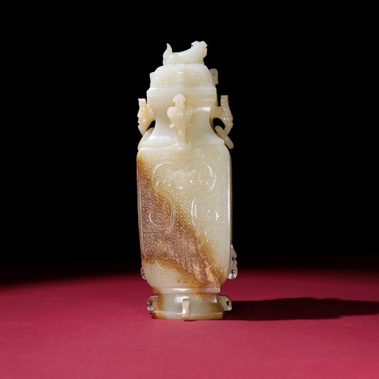 A2088 Exquisite Chinese Hetian Jade Hand Carved Fortune Beast Vase w Lid