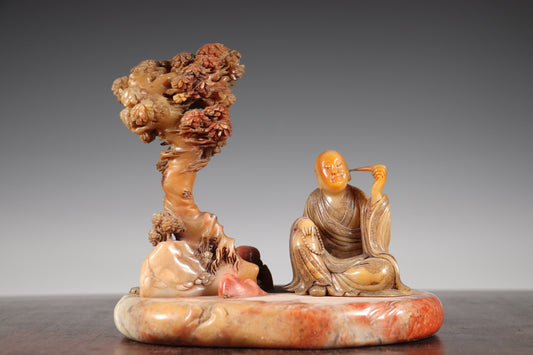 A2089 Superb Old Chinese Tianhuang Stone Hand Carved Arhat Statue w Tianhuang Stone Pine Tree Base