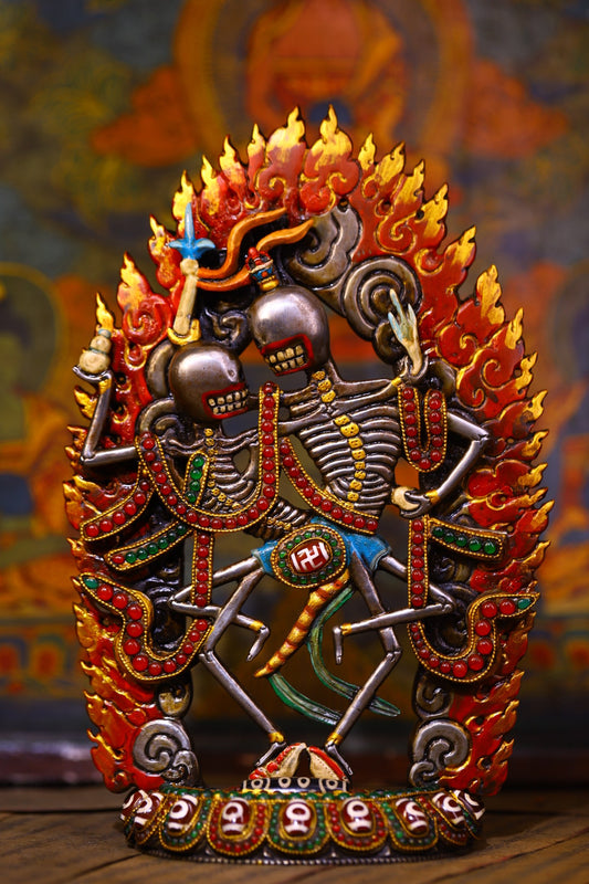 A2090 Tibetan Buddhism Colored Drawing Gilt Gold Copper Inlay DZI Agate & Gem Statue