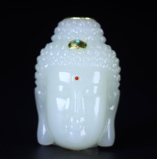 A2093 Superb Chinese Gilt Gold White Hetian Jade Carved Buddha Bead Statue