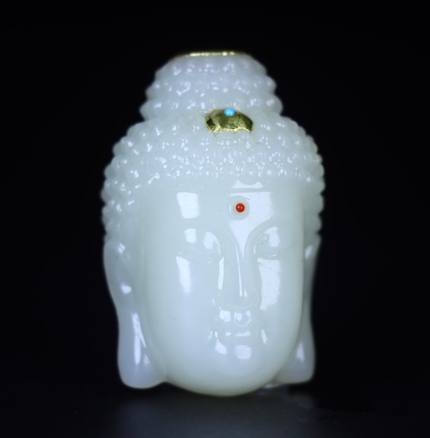 A2093 Superb Chinese Gilt Gold White Hetian Jade Carved Buddha Bead Statue
