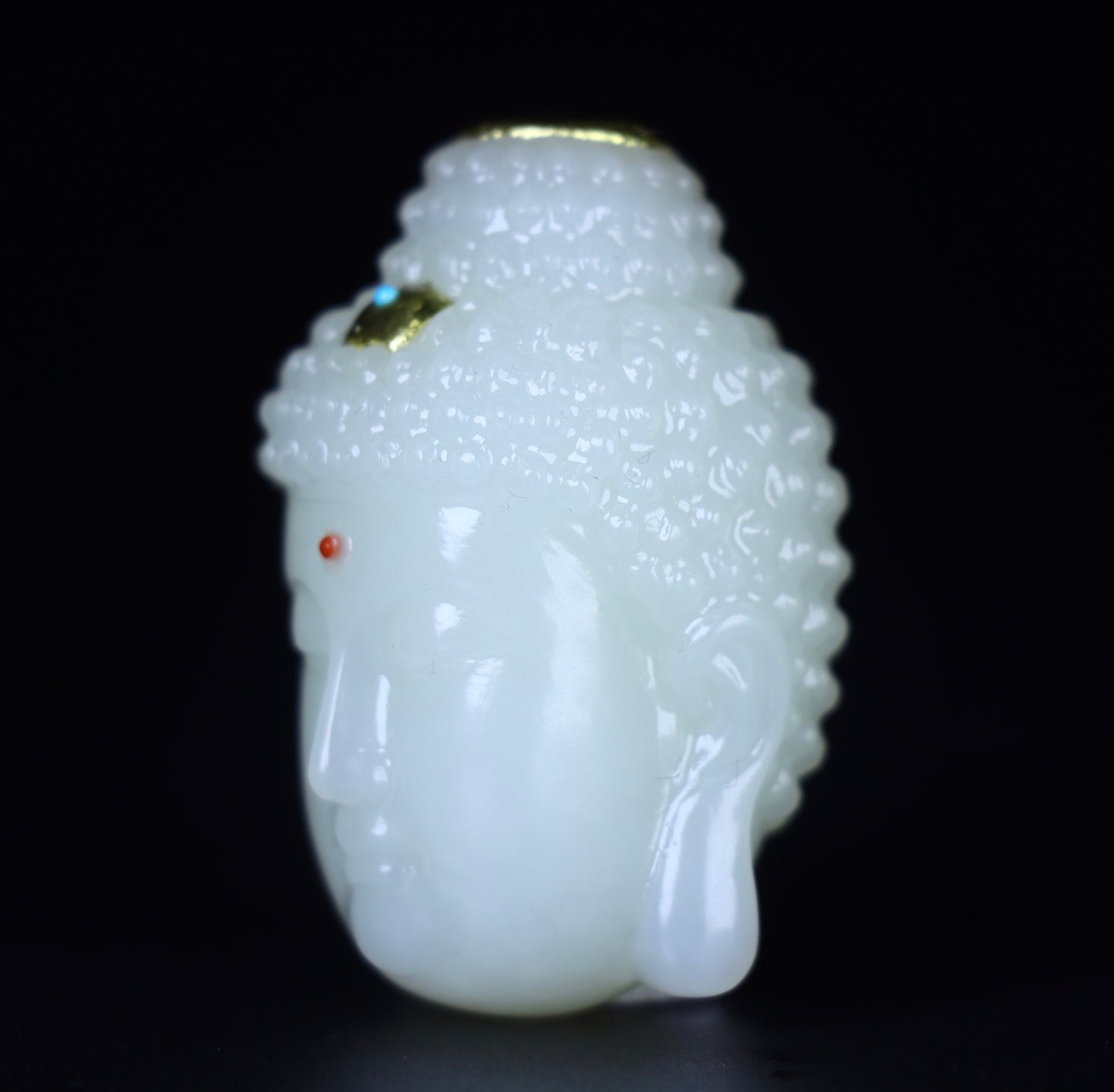 A2093 Superb Chinese Gilt Gold White Hetian Jade Carved Buddha Bead Statue