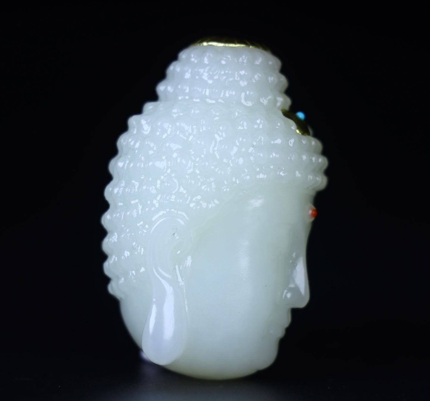 A2093 Superb Chinese Gilt Gold White Hetian Jade Carved Buddha Bead Statue