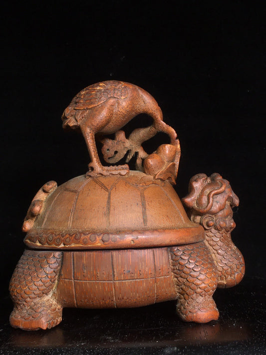 A2097 Vintage Chinese Bamboo Carved Dragon Turtle & Crane Statue