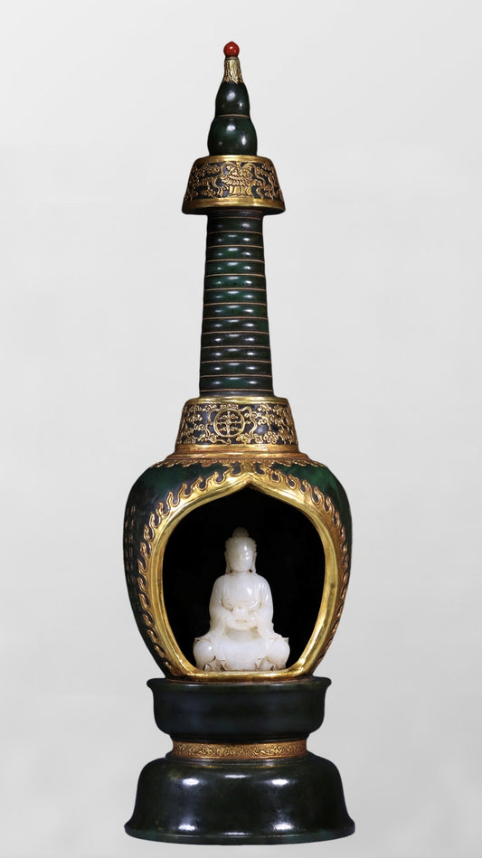 A2101 Exquisite Chinese White Hetian Jade Carved Buddha Statue & Inlaying Gold Edge Green Hetian Jade Shrines