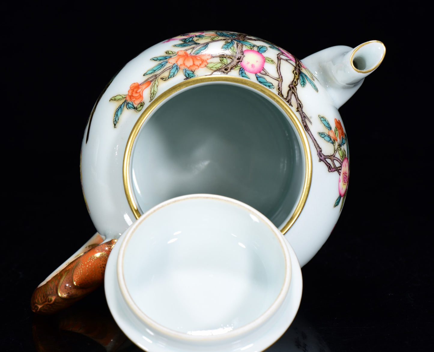 A2103 A Set Chinese Gilt Edge Famille Rose Pomegranate & Bird Design Porcelain Teapot & Cups