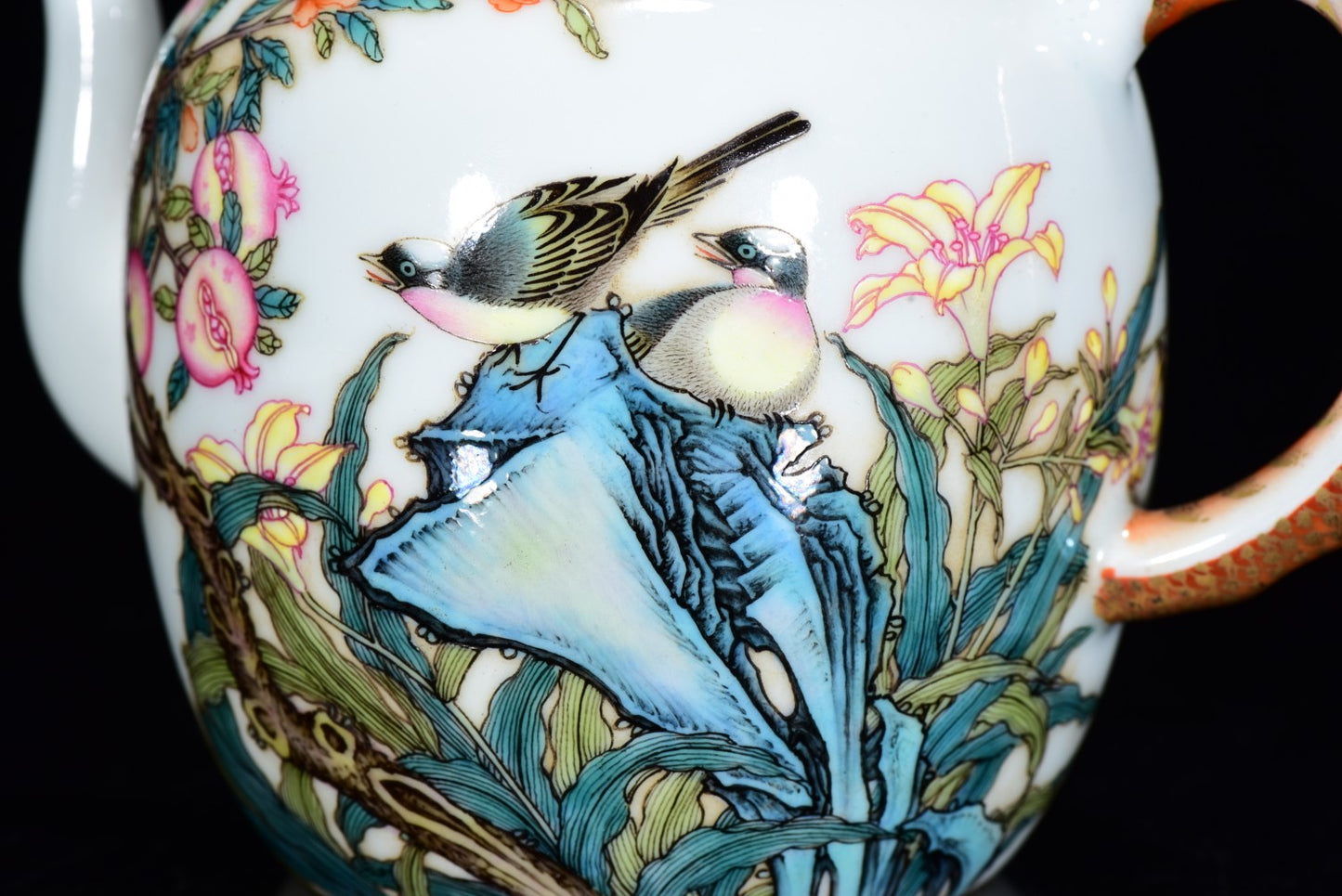 A2103 A Set Chinese Gilt Edge Famille Rose Pomegranate & Bird Design Porcelain Teapot & Cups