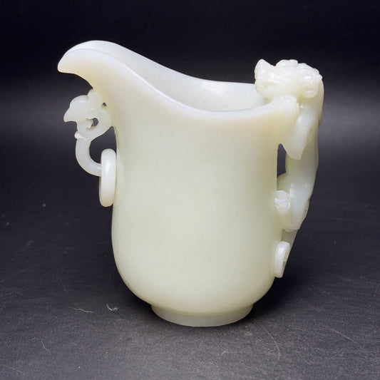 A2104 Exquisite Chinese White Hetian Jade High Relief Chi Dragon Wine Cup