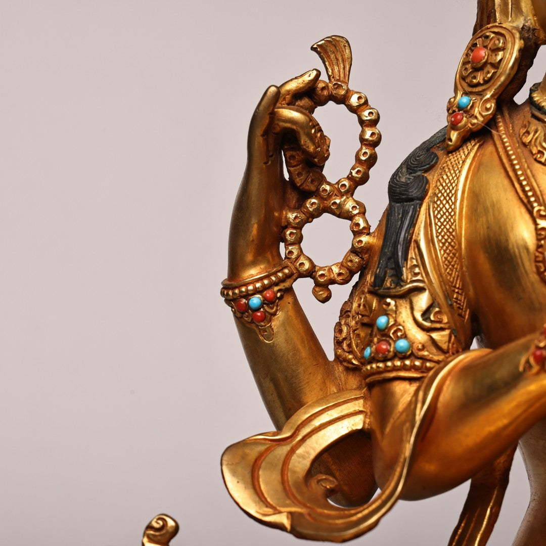 A2108 Superb Old Tibetan Gilt Gold Copper Inlay Gem Four Arm Kwan-yin Statue