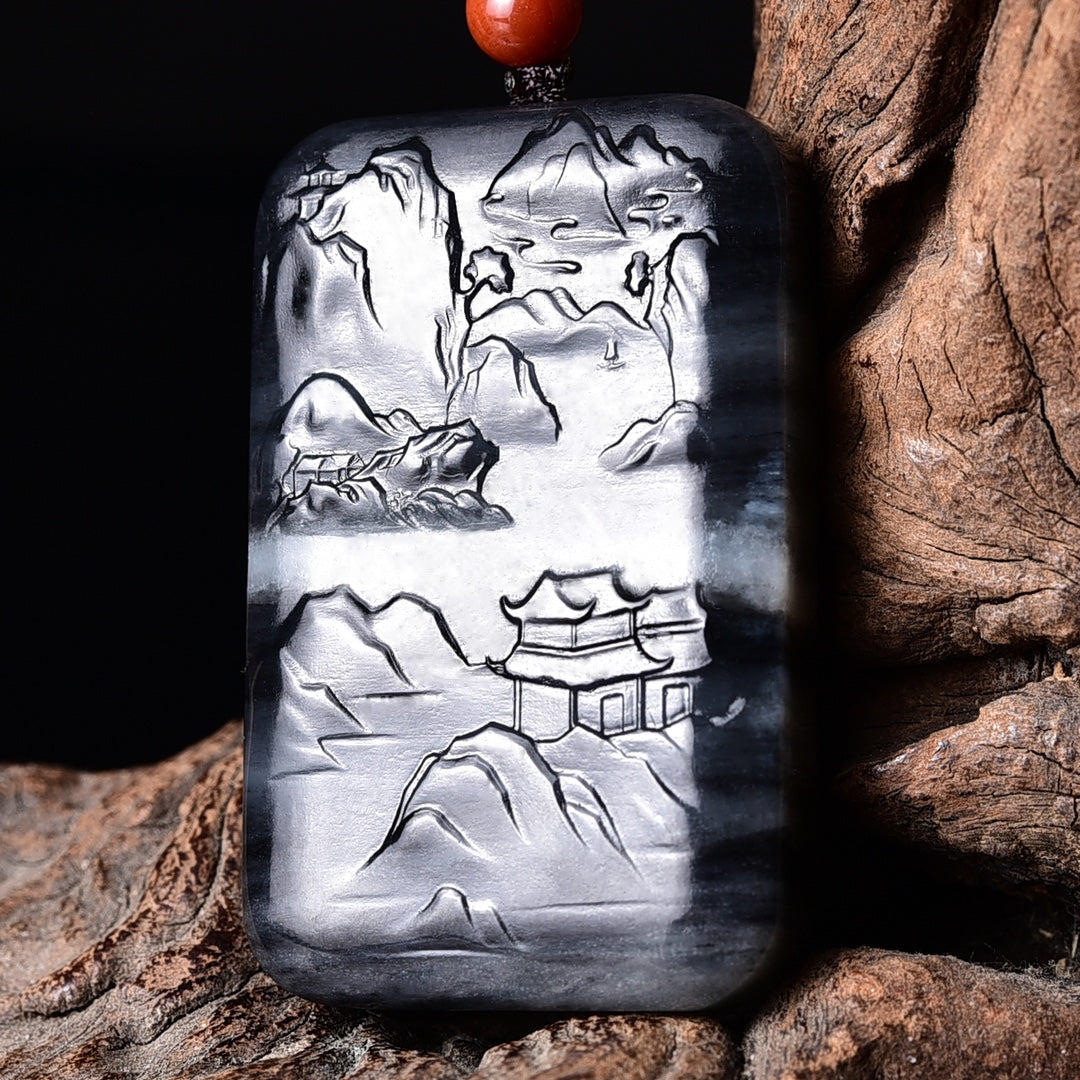 A2112 Superb Chinese Hetian Jade Low Relief Mountain River Scene Pendant w Certificate
