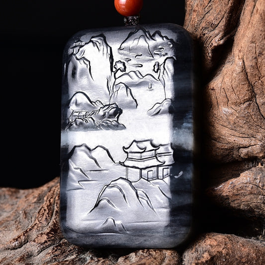 A2112 Superb Chinese Hetian Jade Low Relief Mountain River Scene Pendant w Certificate