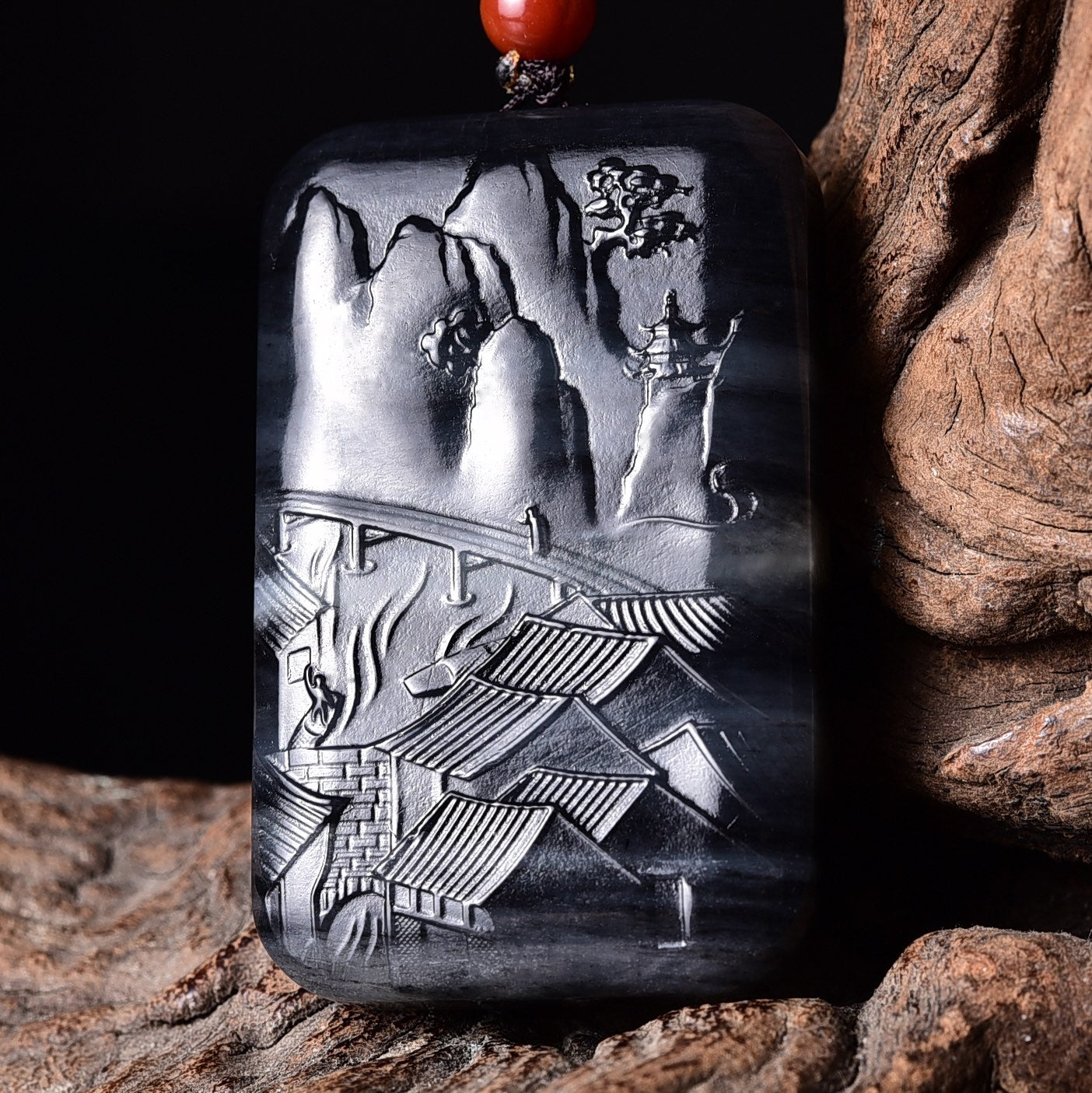 A2112 Superb Chinese Hetian Jade Low Relief Mountain River Scene Pendant w Certificate