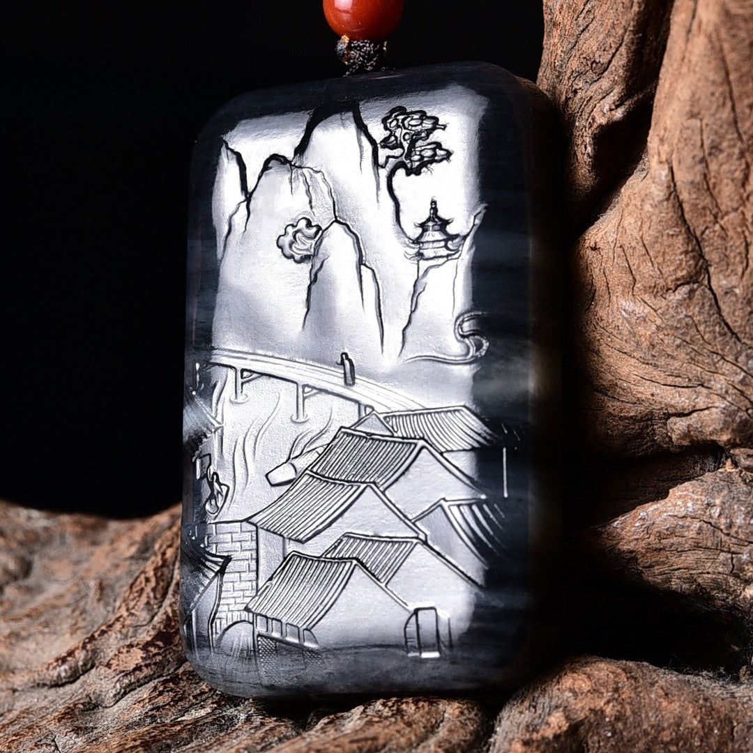 A2112 Superb Chinese Hetian Jade Low Relief Mountain River Scene Pendant w Certificate