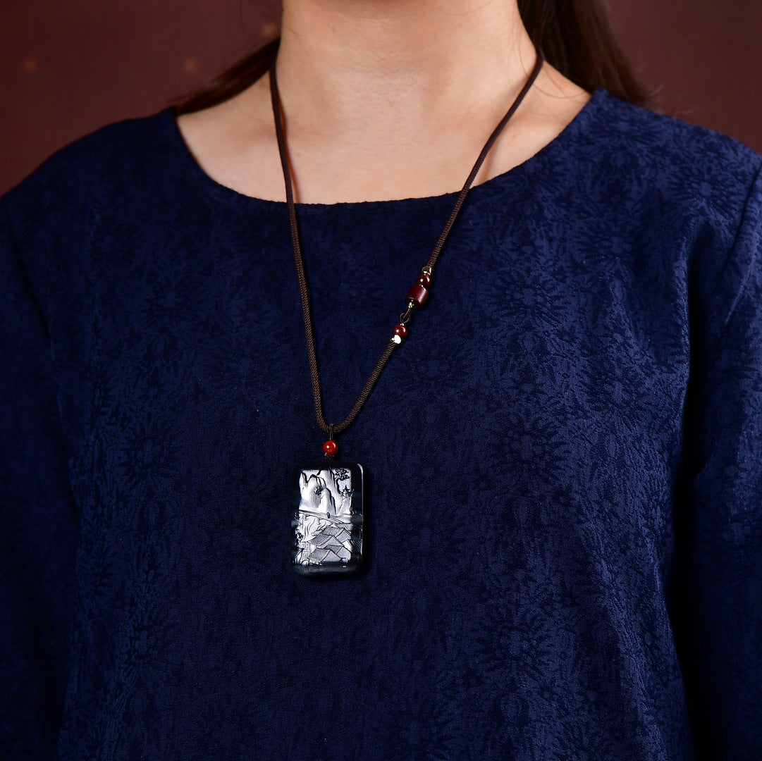A2112 Superb Chinese Hetian Jade Low Relief Mountain River Scene Pendant w Certificate