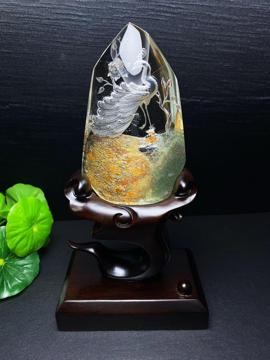 A2113 Beautiful Crystal Inner Carving Phoenix Statue
