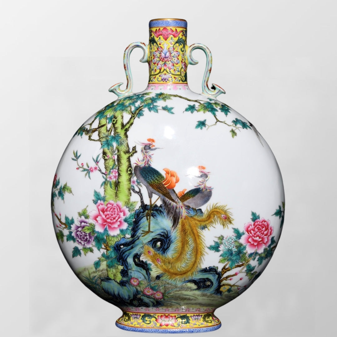 A2118 Chinese Qing Dynasty Gilt Edge Famille Rose Phoenix & Peony Design Porcelain Vase