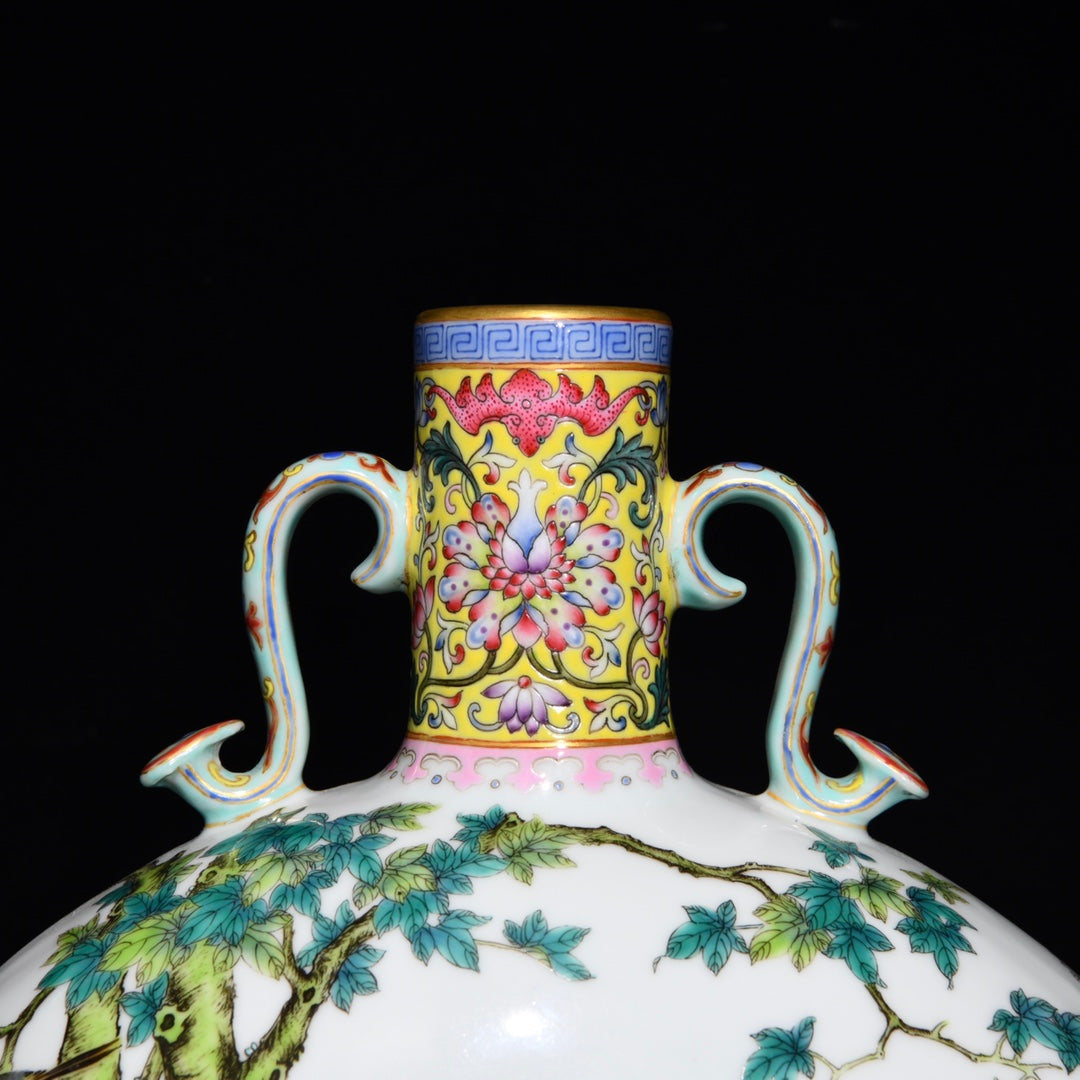 A2118 Chinese Qing Dynasty Gilt Edge Famille Rose Phoenix & Peony Design Porcelain Vase