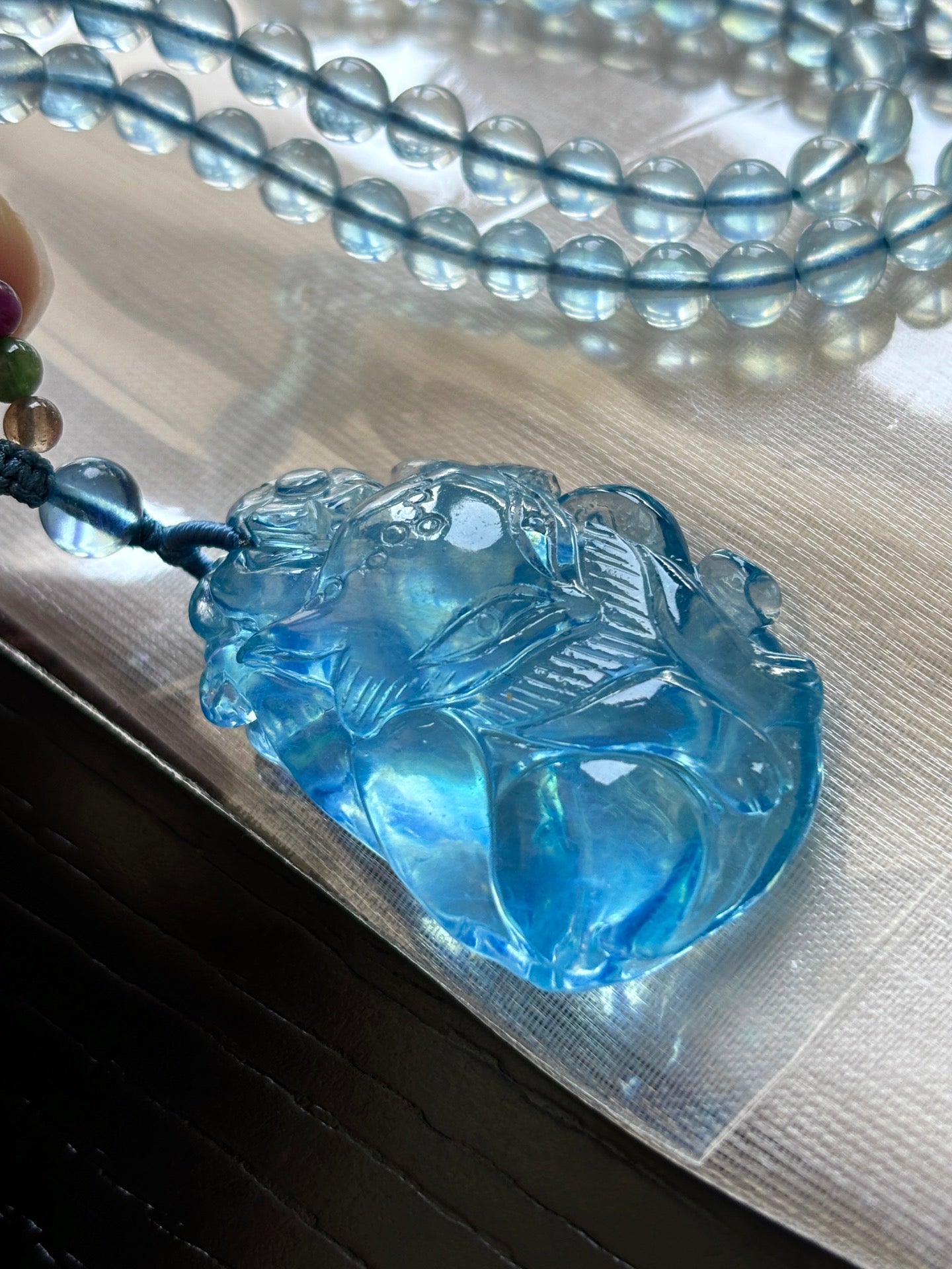 A2122 Beautiful Natural Aquamarine Carved Nine-tailed Fox Pendant w Hand Woven Beads Necklace