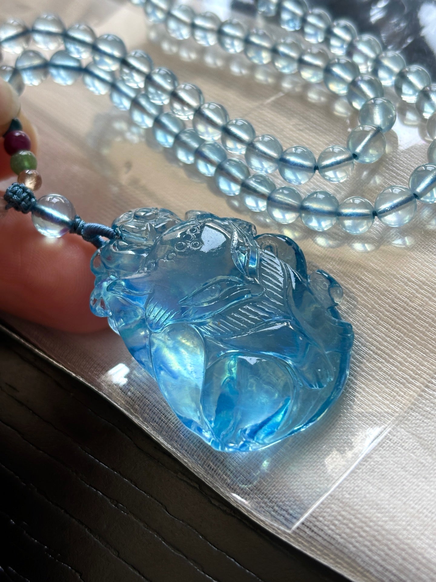 A2122 Beautiful Natural Aquamarine Carved Nine-tailed Fox Pendant w Hand Woven Beads Necklace