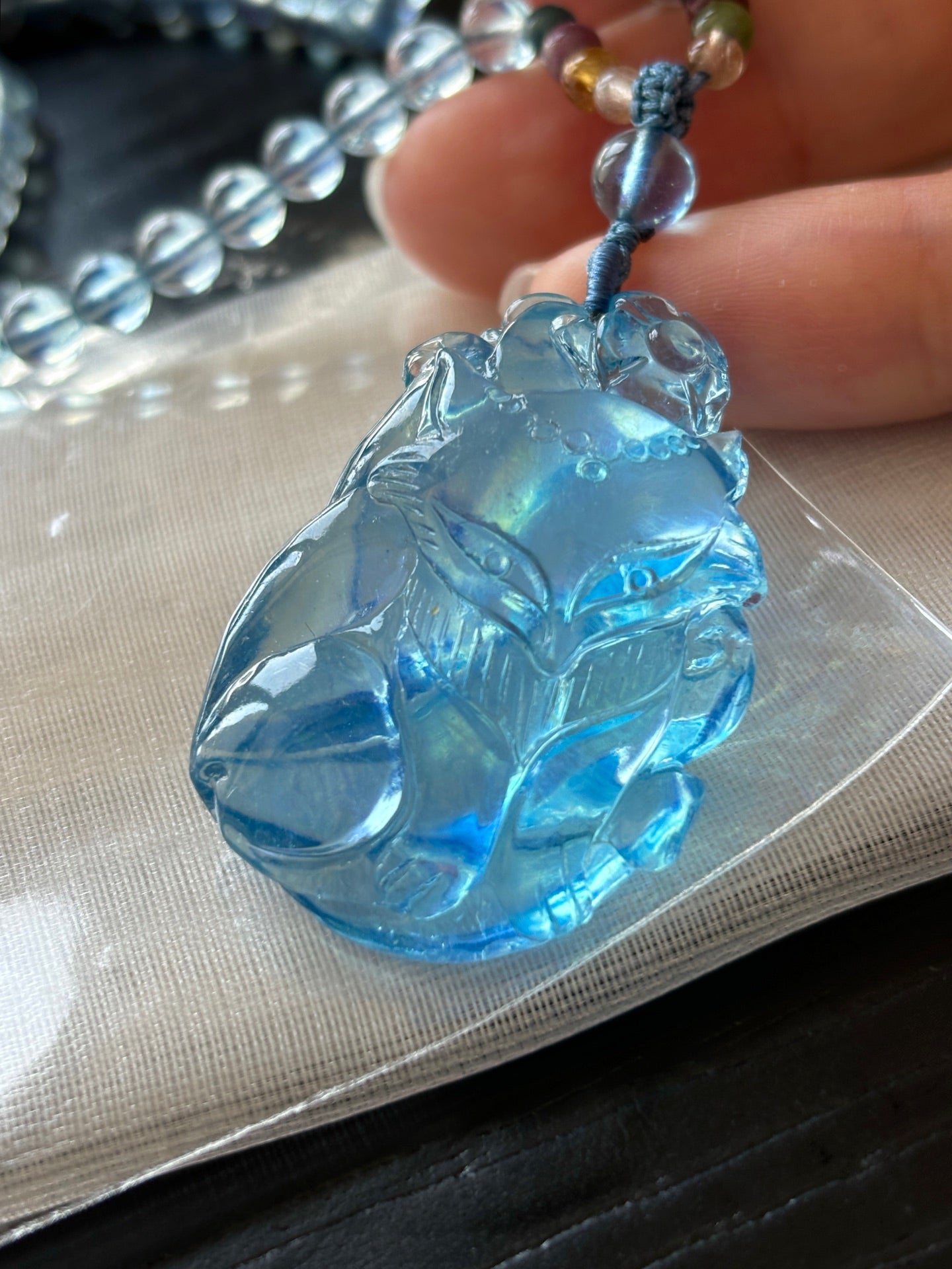 A2122 Beautiful Natural Aquamarine Carved Nine-tailed Fox Pendant w Hand Woven Beads Necklace