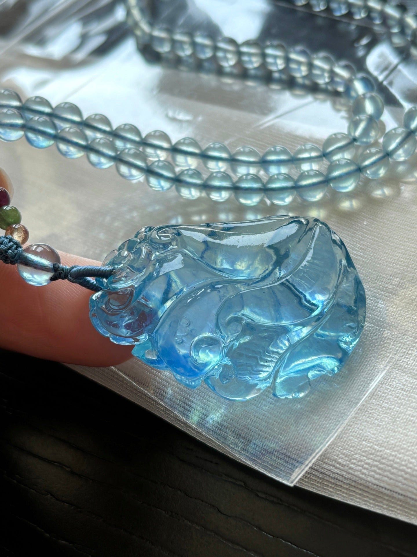 A2122 Beautiful Natural Aquamarine Carved Nine-tailed Fox Pendant w Hand Woven Beads Necklace