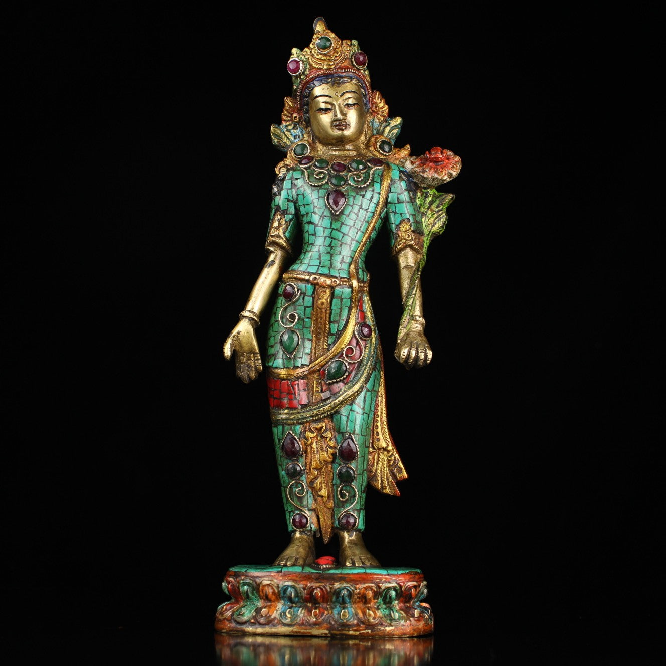 A2127 Old Tibetan Gilt Gold Bronze Inlay Turquoise & Gems Tara Statue