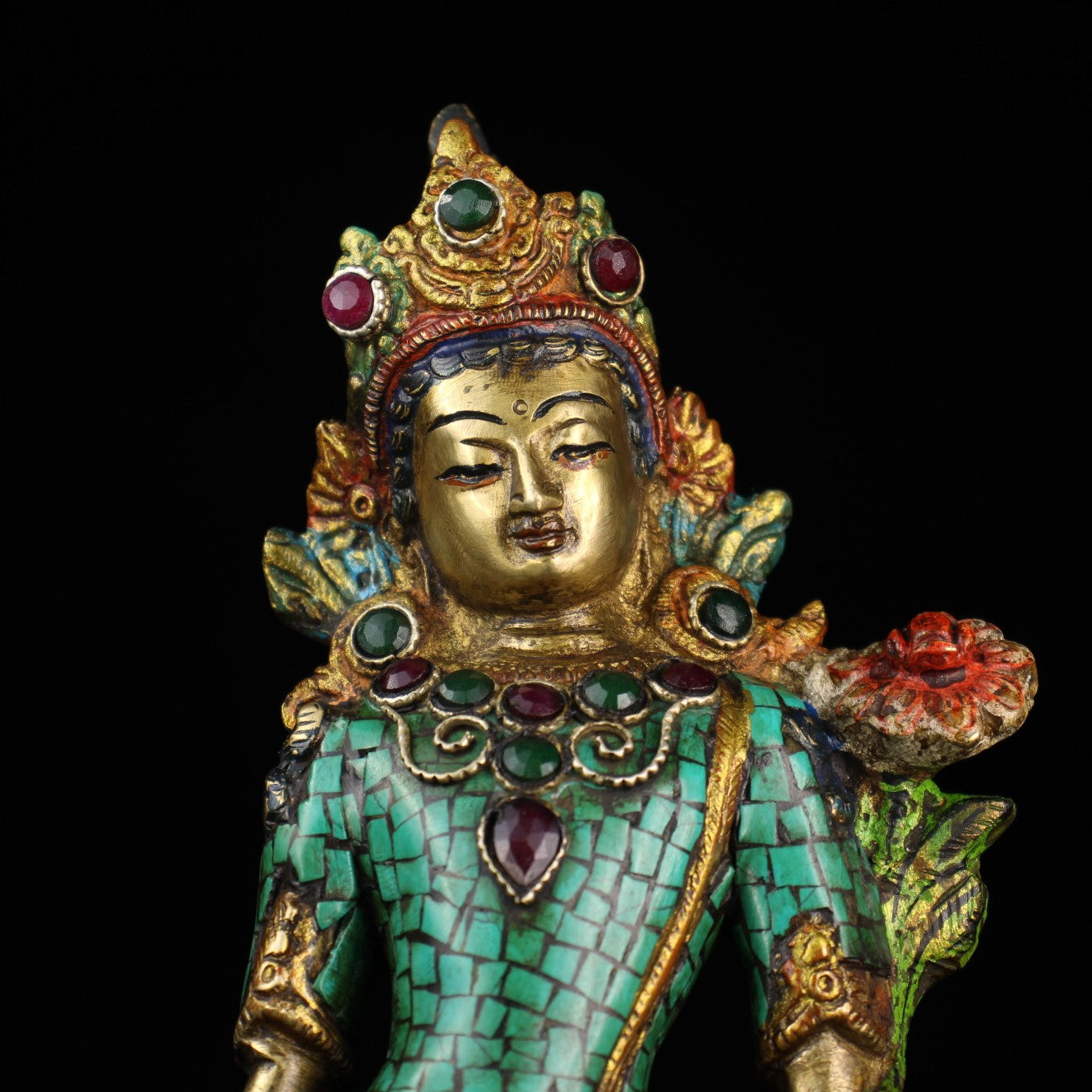 A2127 Old Tibetan Gilt Gold Bronze Inlay Turquoise & Gems Tara Statue