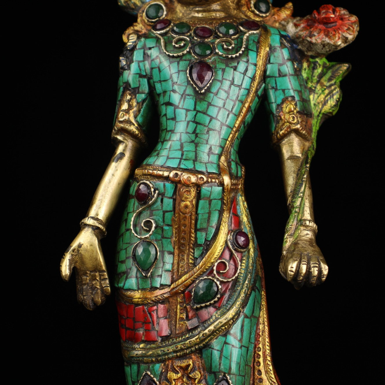 A2127 Old Tibetan Gilt Gold Bronze Inlay Turquoise & Gems Tara Statue