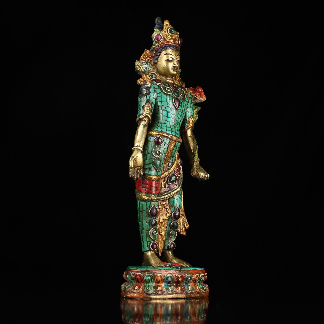 A2127 Old Tibetan Gilt Gold Bronze Inlay Turquoise & Gems Tara Statue